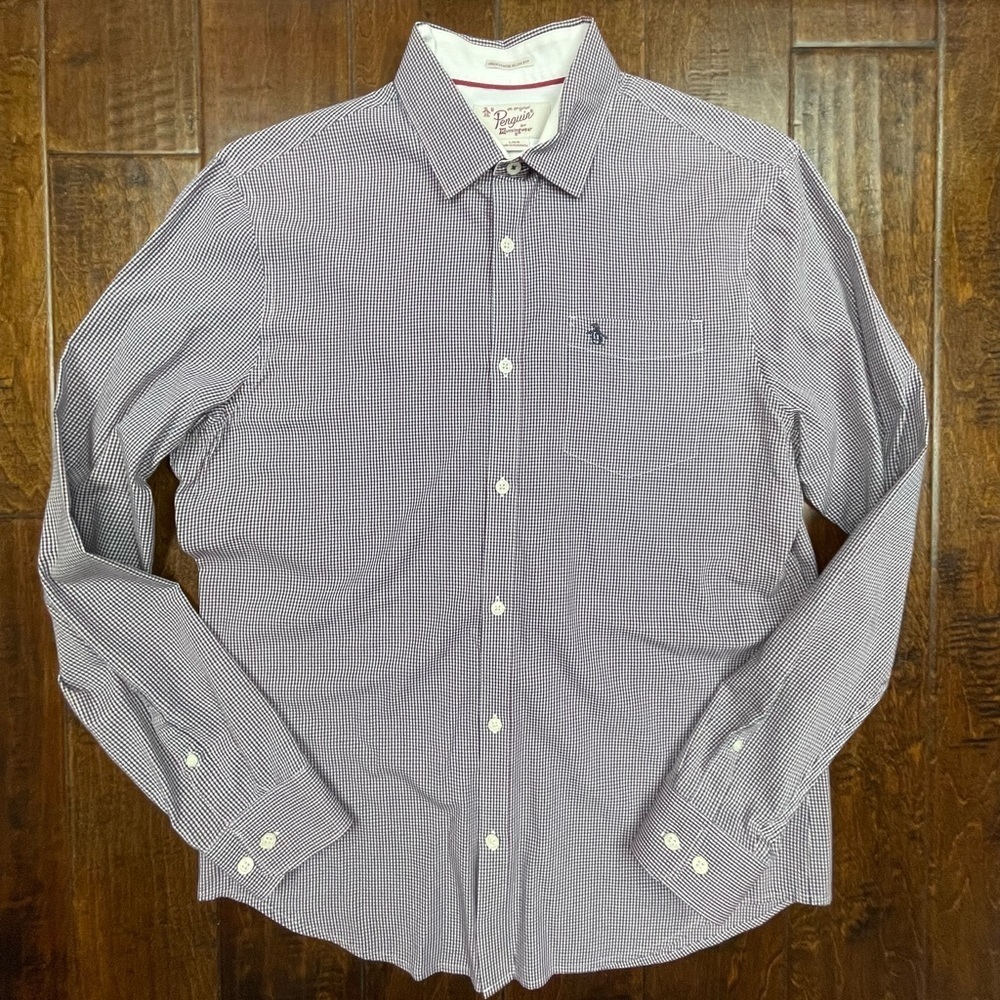 Mens long sleeve red, white, blue small plaid button down by Penguin size large